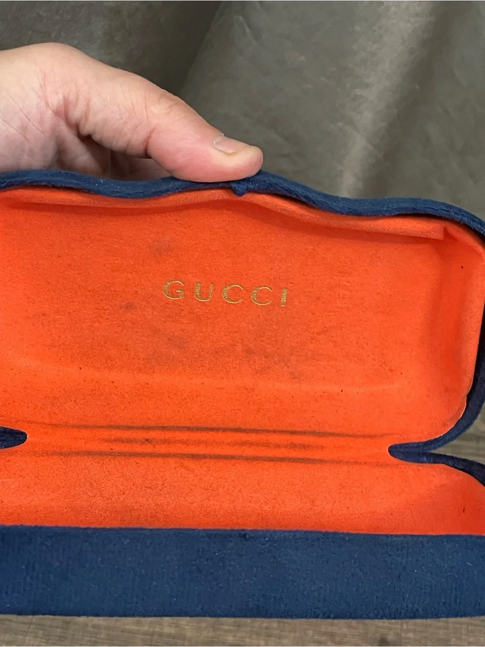 Gucci Hard Shell Velvet Eyeglass Case Blue & Orange Clamshell